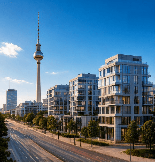 Moderne Wohnhäuser in Berlin mit Fernsehturm im Hintergrund